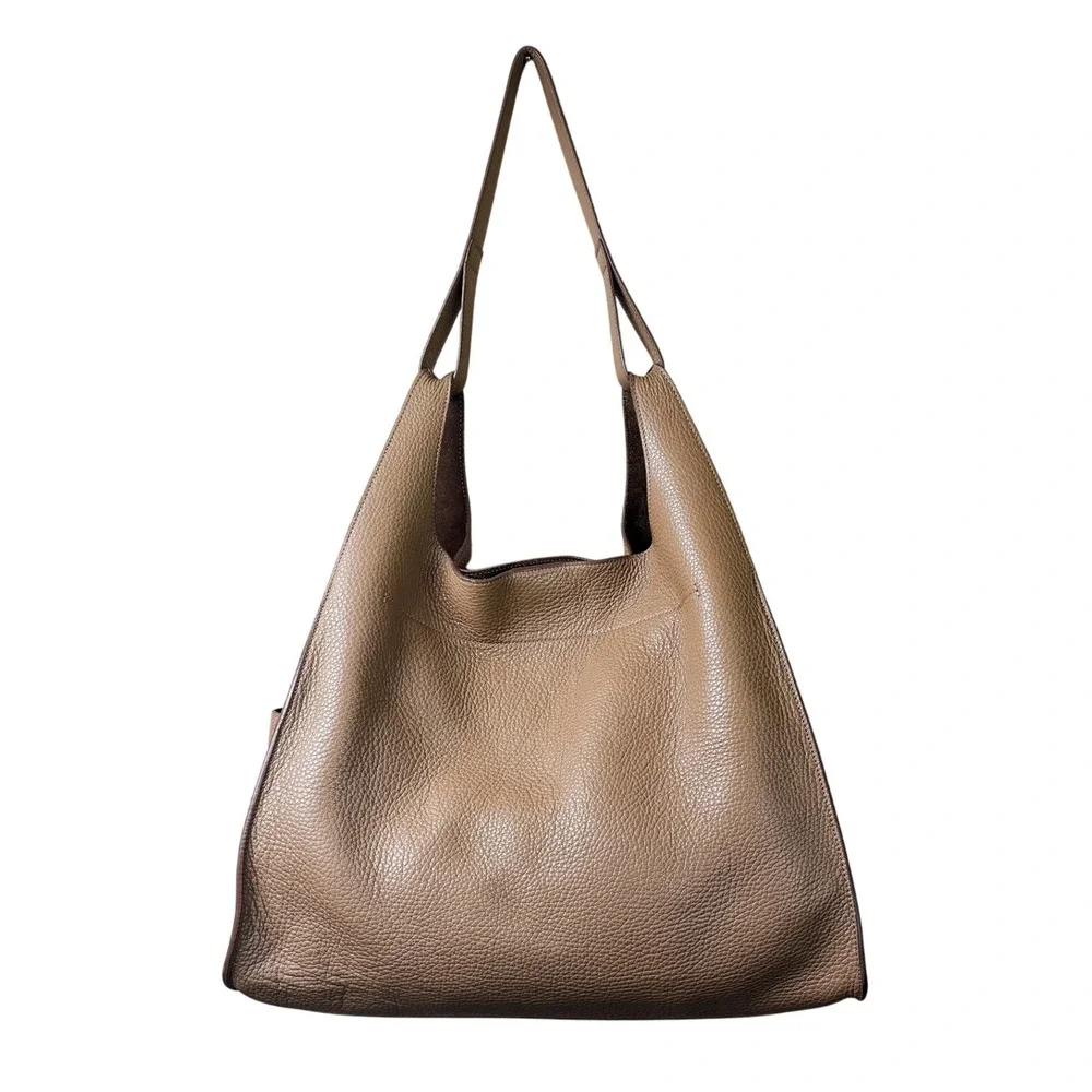 Cuyana Oversized Double Loop Leather Tote Cappuccino Pebbled Shoulder Work Bag